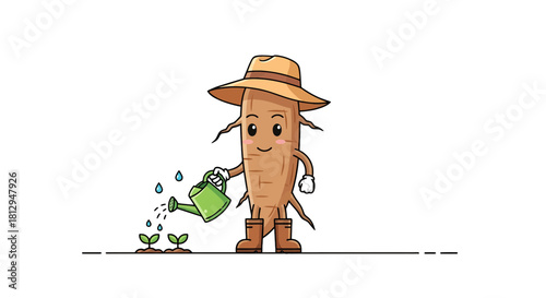 A Smiling Cartoon Root Character Watering Small Plants with a Watering Can Illustration