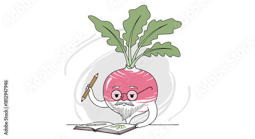 A Whimsical Radish Character with a Pencil Sketching in a Notebook