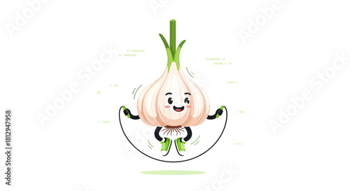 A Smiling Cartoon Garlic Jumps With Joy Against a Black Background