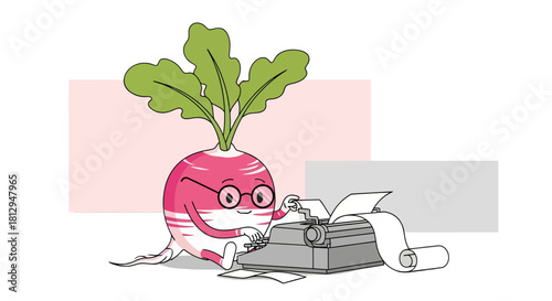A Whimsical Radish Character Writing Stories on a Classic Typewriter In A Stylish Illustration