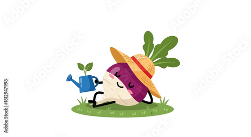 A Smiling Carrot Relaxing With Hat and Watering Can Surrounded by Green Grass