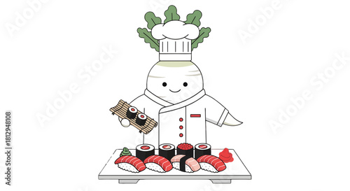 A Smiling Daikon Radish Chef Presenting Delicious Sushi on a Dark Background
