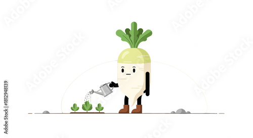 A Whimsical Turnip Cartoon Character Tenderly Watering Seedlings On Black Background