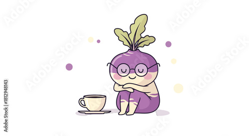 A Whimsical Turnip Character Enjoying Coffee with An Expressive and Creative Pose
