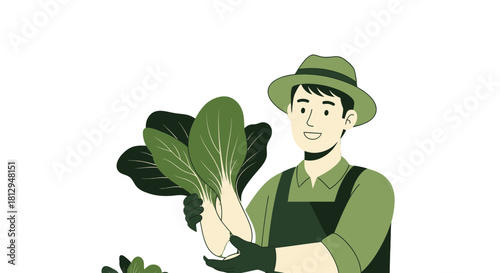A Smiling Farmer Proudly Displaying a Freshly Harvested Bounty of Leafy Greens