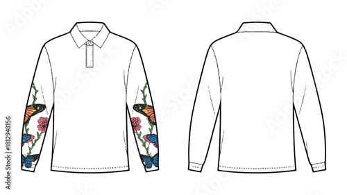 Detailed technical fashion illustration showcasing a sophisticated garment with intricate design elements and precise detailing