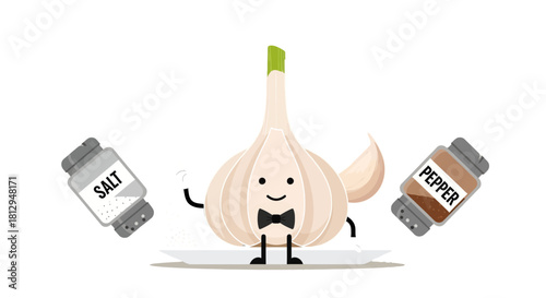 A Smiling Garlic Cartoon Character With Salt, Pepper Shakers and a Bow Tie