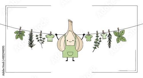 A Smiling Garlic Character With Fresh Herbs and Cute Clothing on a Clothesline
