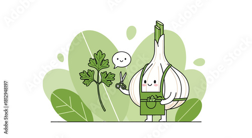 A Smiling Garlic Character Pruning Parsley with Scissors in a Garden Scene