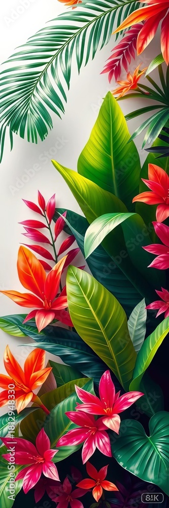 Naklejka premium Vibrant tropical foliage adorns a flowing banner, perfect for summer events, banner, design