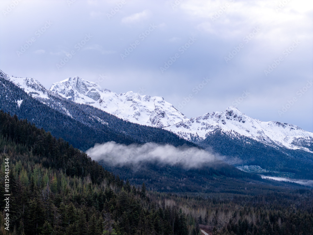 Fototapeta premium Snowy Mountain Range Over Forested Valleys in BC, Canada During Winter Scene With Clouds Majesty