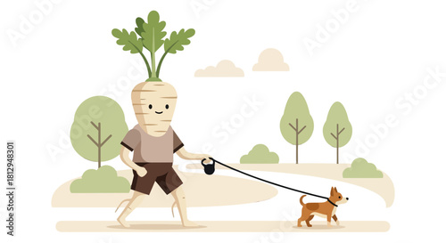 A Whimsical Vegetable Creature Walking Beloved Pup Outdoors During A Lovely Evening