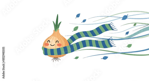 A Smiling Onion Adorned With a Scarf Amidst a Gentle Breeze Is a Joyful Scene