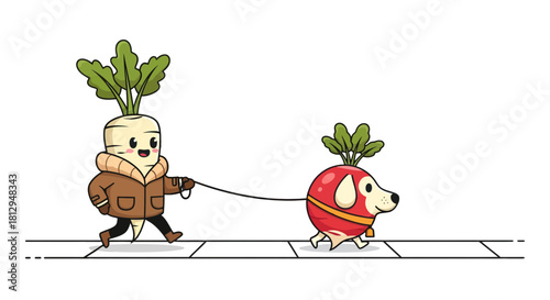 A Whimsical Winter Stroll: Root Vegetable Characters Walking Adorable Radish-Dog