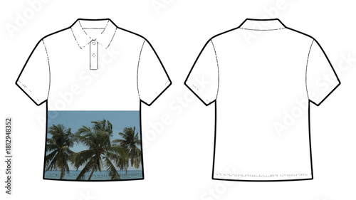 Technical fashion illustration of a white garment with intricate design details and vibrant color accents