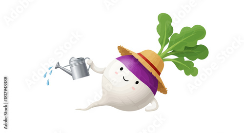 A Smiling Radish Character Watering Plants with Joyful Enthusiasm on Black Background
