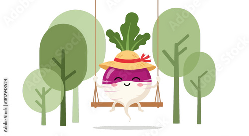 A Smiling Vegetable Character Delightfully Swinging in a Serene Garden Setting