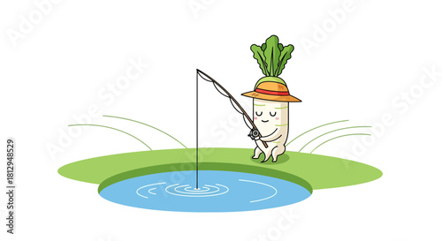 A Smiling Vegetable Character Leisurely Fishing at the Calm Pond in a Colorful Cartoon