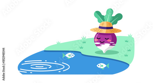 A Smiling Vegetable Wearing A Hat by A Pond with Fish in Vector Illustration