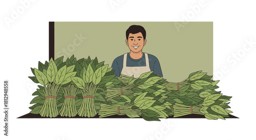 A Smiling Vendor Selling Fresh Herbs at a Local Market Stall with Abundant Produce Displayed