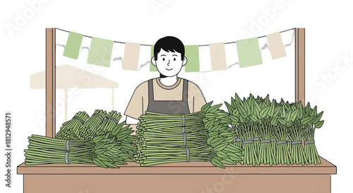 A Smiling Vendor Selling Fresh Greens at the Farmers Market on a Sunny Day