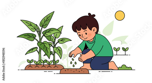 A Young Gardener Watering New Plants Under A Warm Sunshine's Gentle Gaze
