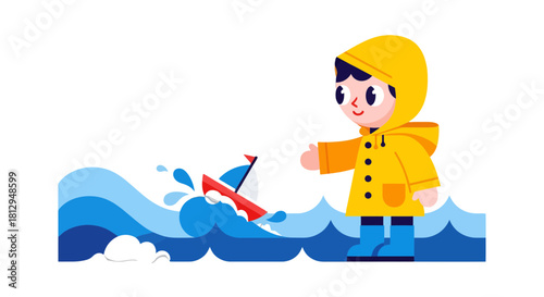 A Young Explorer in a Yellow Waterproof Coat Interacting With Small Sailboat at Sea