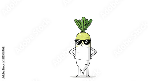 A Stylish Radish Character Posing with Sunglasses on a Black Background Design