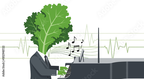 A Surreal Depiction Of a Vegetarian Pianist Playing Music With a Heartbeat Pulse on Display