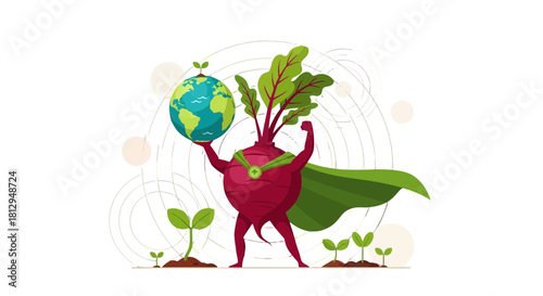 A Superhero Beetroot Protecting Earth with a Cape and a Green, Leafy Crown, On Black