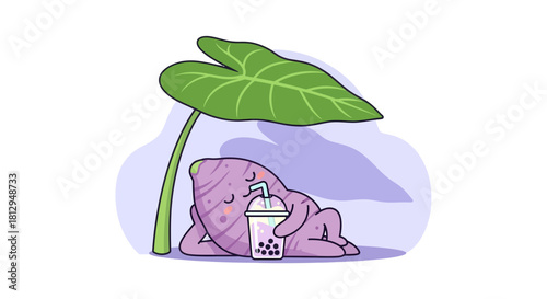 A Sweet Potato Character Taking Shelter And Relaxing While Drinking Boba Tea