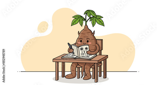 A Thoughtful Root Vegetable Enthusiastically Studying From a Botanical Sketchbook