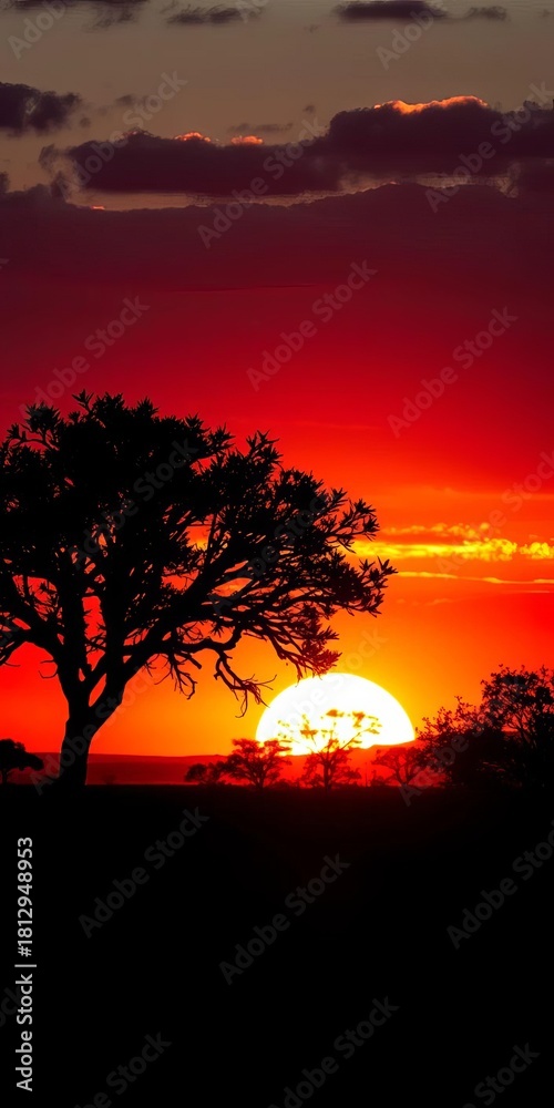 Obraz premium Silhouette of acacia trees against a fiery African sunset over the savanna, africa, nature