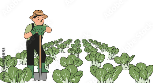 A Weary Farmer In a Field of Lush Bok Choy Vegetables Amidst Gloomy Atmosphere