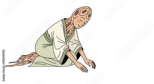 Abstract Figure in Meditative Pose With Unique Skin Markings Against Dark Backdrop