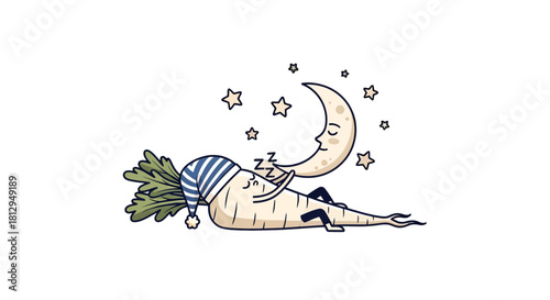 A Whimsical Cartoon Illustrating A Carrot Asleep Under A Smiling Moon and Stars