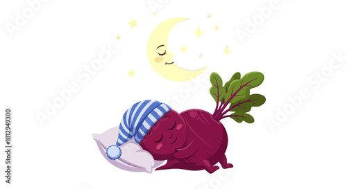 A Whimsical Cartoon Of A Sleeping Vegetable Under The Sleepy Moon And Stars