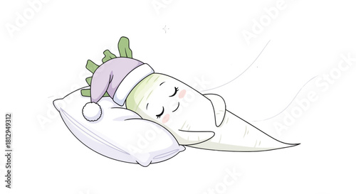 A Whimsical Cartoon Radish Sleeping Peacefully on a Pillow Under the Night Sky