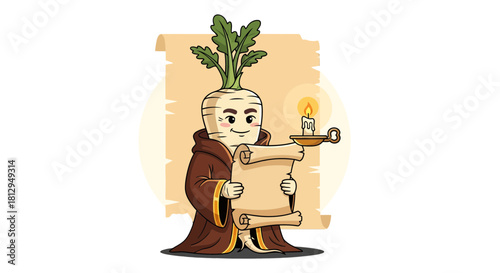 A Whimsical Cartoon Turnip Cleric With Parchment Scroll and Burning Candle