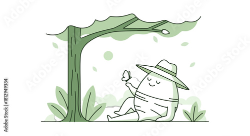 A Whimsical Character In A Hat Relaxing Under The Shade Of A Tree With A Butterfly