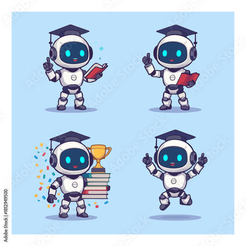 Academic AI: A collection of educational illustration, a robot character with a graduation cap reading books and celebrates graduation