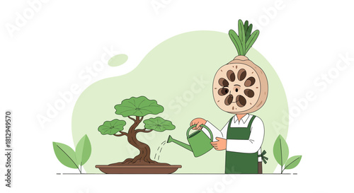 A Whimsical Gardener Nurturing a Bonsai Tree with a Unique and Playful Design