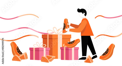 Abstract Illustration Of Man Unwrapping Papaya Gifts Against A Mysterious Background