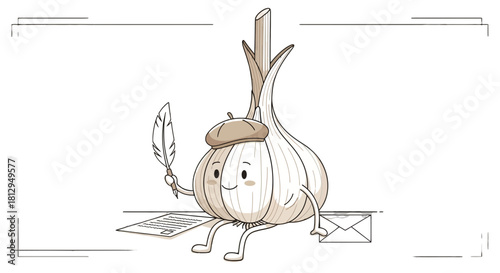 A Whimsical Garlic Character as an Author Depicting Artistic Expression in Sepia Tones