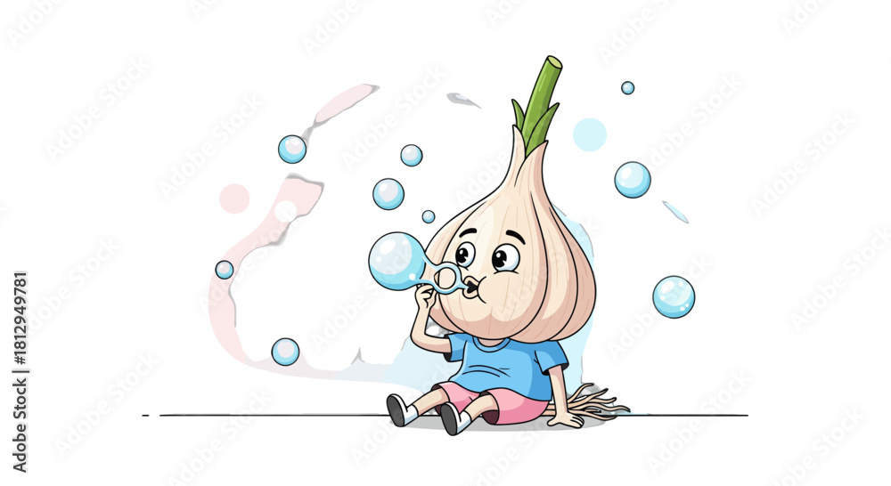 Fototapeta premium A Whimsical Illustration Of A Smiling Garlic Character Blowing Soap Bubbles Delightfully