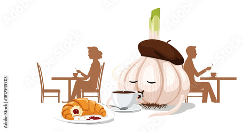 A Whimsical Illustration Exploring Garlic's Delightful Moments And Cafe Ambiance Concept