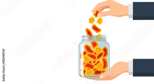 Accumulation Of Rewards Or Savings Concept in Jar With Human Hands Holding Isolated