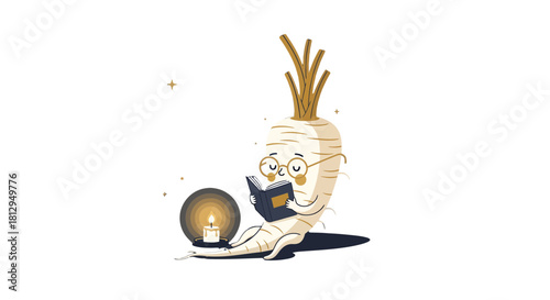A Whimsical Illustration of a Root Vegetable Enthralled in a Book in the Dark