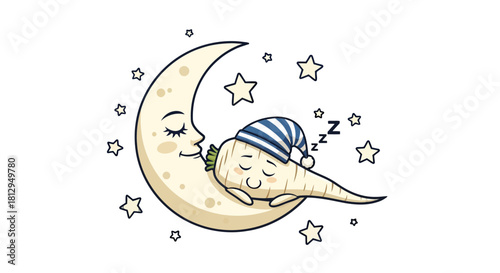 A Whimsical Illustration Of A Sleeping Root Vegetable Embraced By A Peaceful Moon