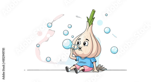 A Whimsical Illustration Of A Smiling Garlic Character Blowing Soap Bubbles Delightfully